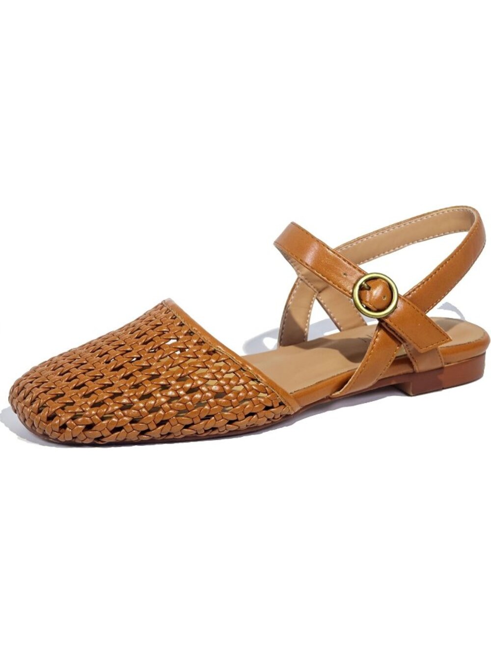Women's Brown Closed Toe Square Toe Ankle Strap Buckle Closure Braided Sandals